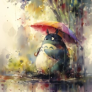 Colourful Totoro Rain Art Print Watercolour Poster for Nursery or Kids Room Whimsical Nature Anime Inspired Studio Ghibli Wall Decor image 9