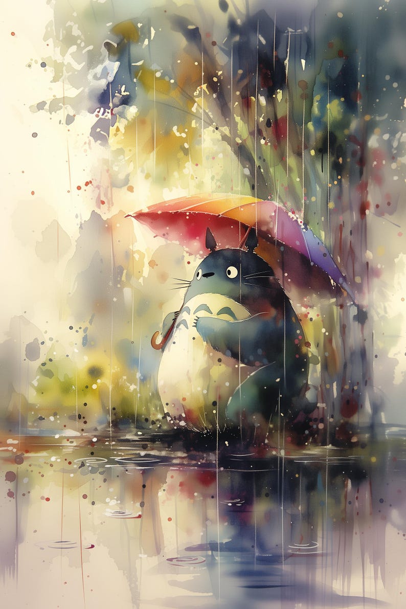 Colourful Totoro Rain Art Print Watercolour Poster for Nursery or Kids Room Whimsical Nature Anime Inspired Studio Ghibli Wall Decor image 9