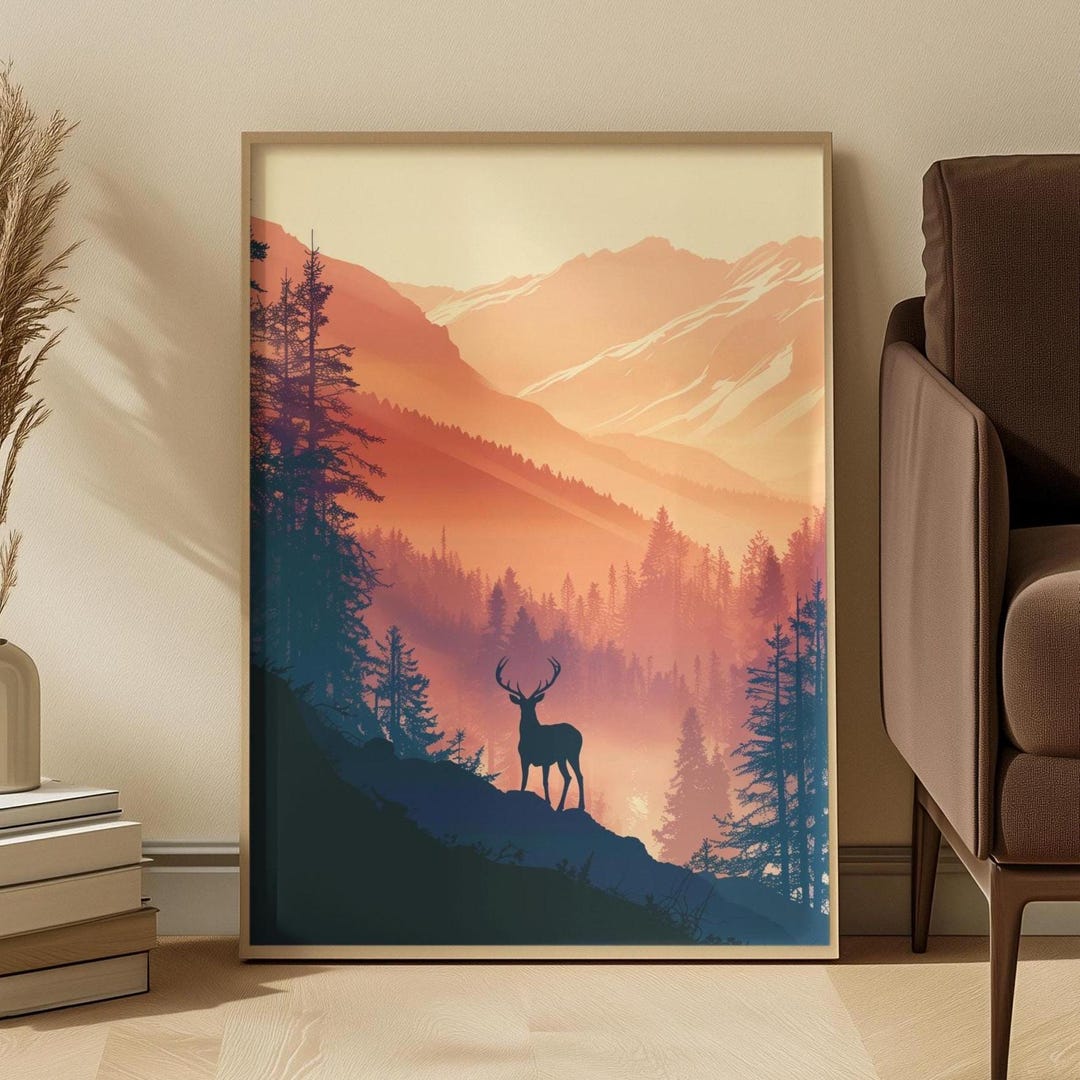 Deer in Misty Forest Art Print: Cabin Lodge Wall Decor - Etsy