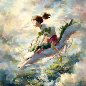 K&ouml;nnte beinhalten: Illustration eines jungen M&auml;dchens, das auf einem wei&szlig;en Drachen durch einen bew&ouml;lkten Himmel reitet. Das M&auml;dchen tr&auml;gt ein gr&uuml;n-wei&szlig; gestreiftes Hemd, rote Shorts und gelbe Schuhe. Der Drache hat gr&uuml;ne Akzente und fliegt &uuml;ber einer Landschaft.