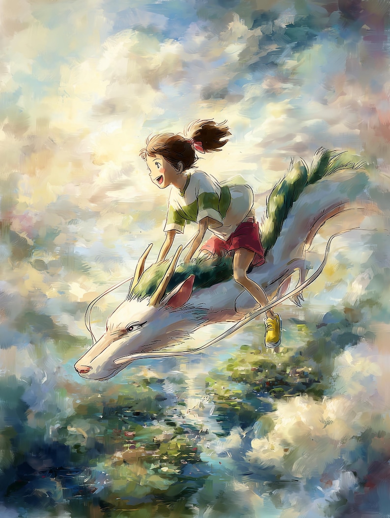 K&ouml;nnte beinhalten: Illustration eines jungen M&auml;dchens, das auf einem wei&szlig;en Drachen durch einen bew&ouml;lkten Himmel reitet. Das M&auml;dchen tr&auml;gt ein gr&uuml;n-wei&szlig; gestreiftes Hemd, rote Shorts und gelbe Schuhe. Der Drache hat gr&uuml;ne Akzente und fliegt &uuml;ber einer Landschaft.