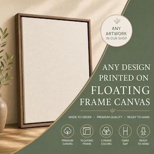 Op de afbeelding: Een rechthoekig canvas met een gebroken wit oppervlak in een donkerbruine houten zwevende lijst. De afbeelding bevat de tekst ANY ARTWORK IN OUR SHOP, ANY DESIGN PRINTED ON FLOATING FRAME CANVAS en iconen voor een opening van 12 mm.