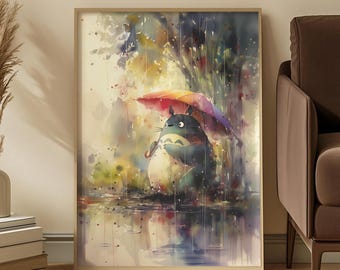 Colourful Totoro Rain Art Print Watercolour Poster for Nursery or Kids Room Whimsical Nature Anime Inspired Studio Ghibli Wall Decor