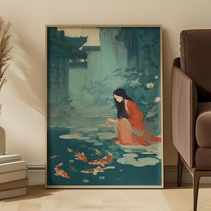 Chinese Woman Koi Pond Art Print, Asian Style Decor image 1