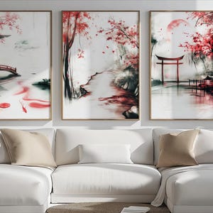 Japanische Landschaft Wandkunst 3er-Set Rotahorn-Teehaus und Torii-Tor druckt asiatisches Tinten-Dekor für Hauptbüro oder Meditationsraum