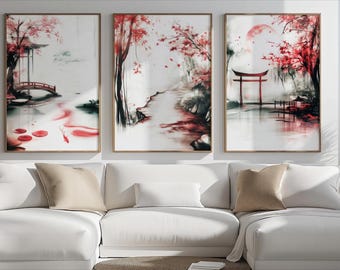 Japanese Landscape Art Prints: Red Maple, Torii Gate (Set of 3)