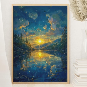 Sonnenuntergang See Landschaft Wand Kunst Druck Gelassene Natur Spiegelung Gemälde für Wohnzimmer Goldene Stunde Wald Wasser Himmel Malerische Wohnkultur
