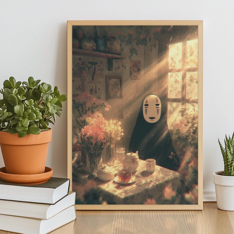 K&ouml;nnte beinhalten: Ein gerahmter Kunstdruck mit einer Szene aus Spirited Away. Er zeigt eine Figur in einem schwarzen Umhang und einer wei&szlig;en Maske, die an einem Tisch mit einem Teeservice und Blumen sitzt. Sonnenlicht scheint durch ein Fenster.