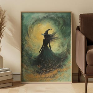 May include: A framed wall art print featuring a silhouette of a figure wearing a pointed hat and a long flowing dress. The background is a swirling mix of teal, green, and gold paint textures, with a bright yellow circular light behind the figure.