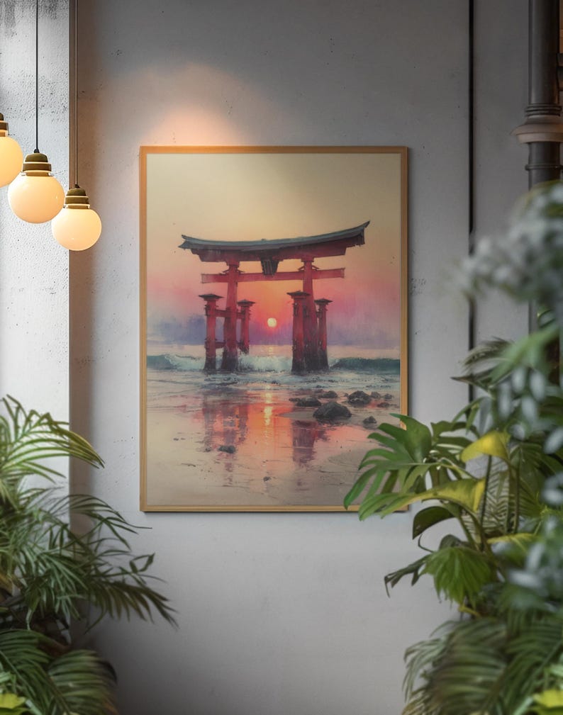 May include: Framed artwork depicting a Japanese torii gate at sunset. The gate is red, set against a vibrant sky of orange and pink hues. The artwork captures the gate's reflection in the water, creating a serene and picturesque scene.