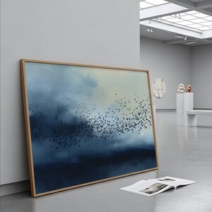 Abstract Ink Wash Crow Murmuration Art Print: Deep Blue Atmospheric Sky image 2