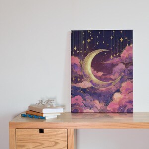 Celestial Dusty Pink Crescent Moon Art Print: Purple Gold Dreamy Night Sky Scene image 4