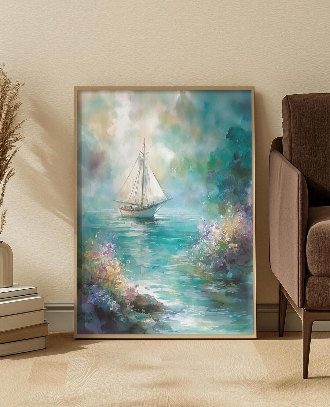 Watercolor Sailboat Art Print: Soft Teal Coastal Dream Seascape - Etsy