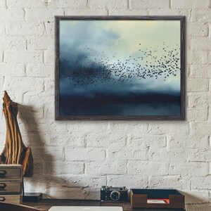 Abstract Ink Wash Crow Murmuration Art Print: Deep Blue Atmospheric Sky image 6
