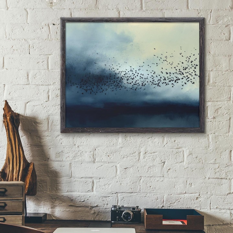 Abstract Ink Wash Crow Murmuration Art Print: Deep Blue Atmospheric Sky image 6