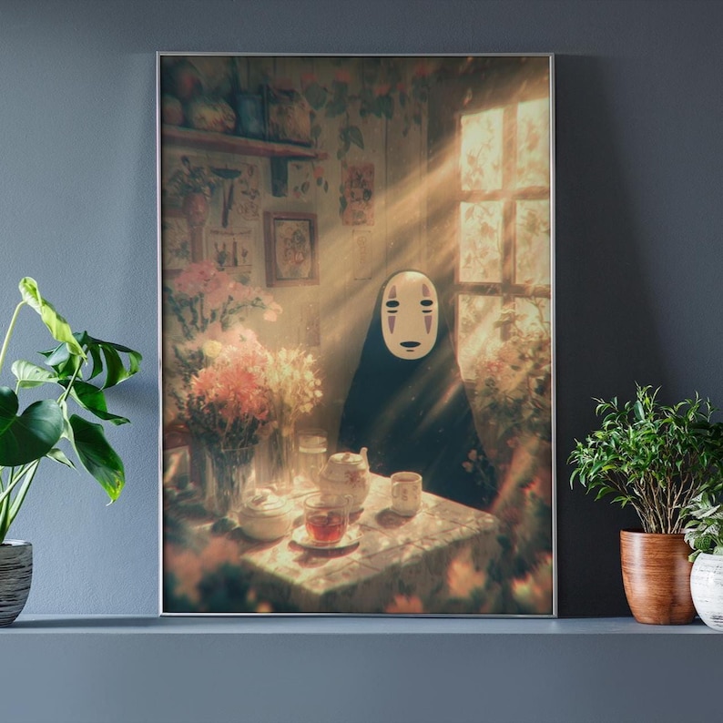 K&ouml;nnte beinhalten: Gerahmter Kunstdruck mit einer Figur aus Spirited Away, die an einem Tisch zum Tee sitzt. Das Kunstwerk hat eine Vintage-&Auml;sthetik mit sanfter Beleuchtung und floralen Akzenten. Eine Teekanne, eine Teetasse und Blumen stehen auf dem Tisch.