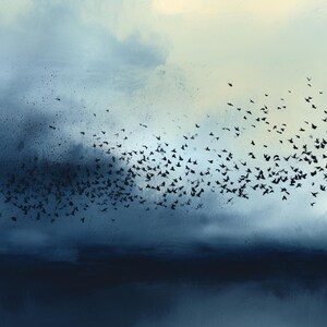 May include: A digital painting depicting a large flock of small black birds in flight against a backdrop of swirling dark blue and light cream clouds. The birds are scattered across the center, moving from a dense cluster into a dispersed formation.