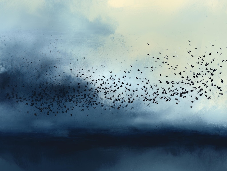 May include: A digital painting depicting a large flock of small black birds in flight against a backdrop of swirling dark blue and light cream clouds. The birds are scattered across the center, moving from a dense cluster into a dispersed formation.