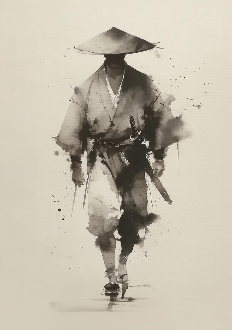 Japanese Ink Wash Samurai Art Print: Monochrome Quiet Warrior Scene - Etsy
