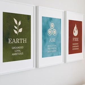 Set di decorazioni murali Elemental Self per amanti dell'astrologia o decorazioni per il benessere, regalo di personalità, poster stampabile Fuoco, Acqua, Terra e Aria, affinità con la natura