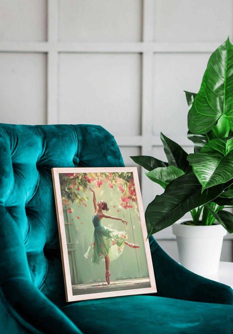 Whimsical Ballerina Art Print: Green Dress, Floral Cascade image 4