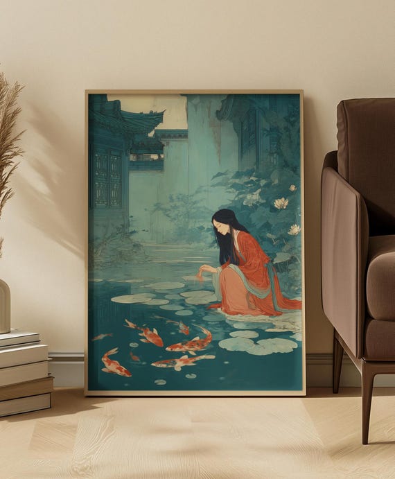 Chinese Woman Koi Pond Art Print, Asian Style Decor