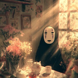 K&ouml;nnte beinhalten: Eine ruhige Innenszene mit einer Ohngesicht-Figur aus Spirited Away. Die Figur tr&auml;gt einen schwarzen Umhang und eine wei&szlig;e Maske. Ein Tisch ist mit Tee, Blumen und einer Teekanne gedeckt. Sonnenlicht scheint durch ein Fenster und beleuchtet die Szene.