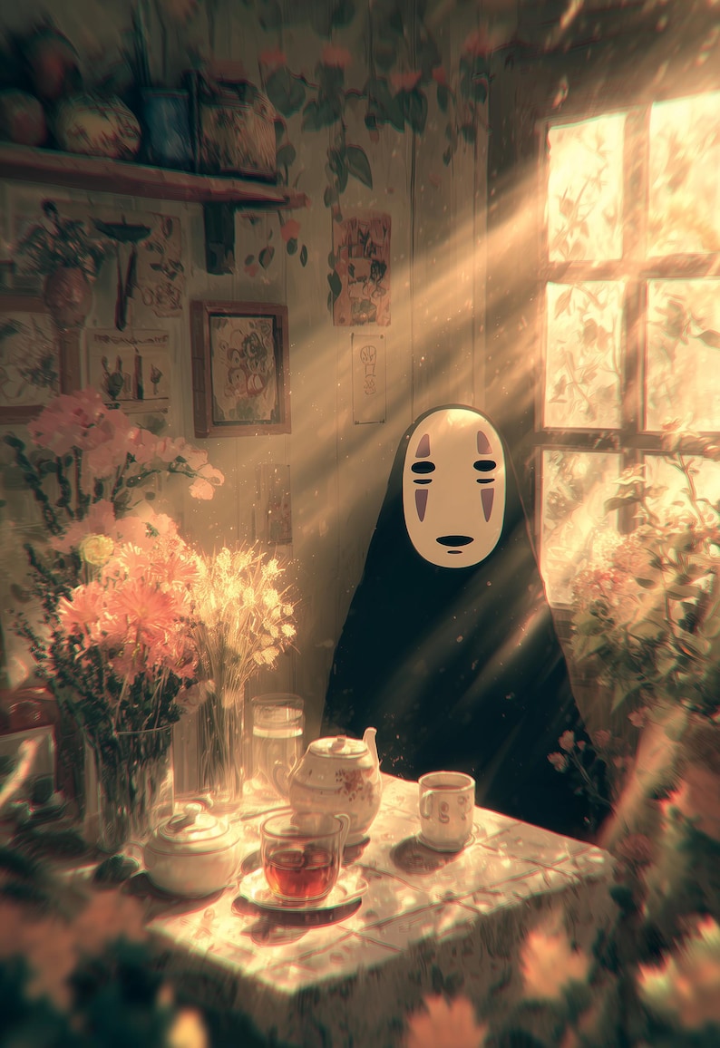 K&ouml;nnte beinhalten: Eine ruhige Innenszene mit einer Ohngesicht-Figur aus Spirited Away. Die Figur tr&auml;gt einen schwarzen Umhang und eine wei&szlig;e Maske. Ein Tisch ist mit Tee, Blumen und einer Teekanne gedeckt. Sonnenlicht scheint durch ein Fenster und beleuchtet die Szene.