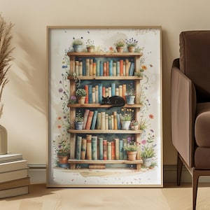 Lámina artística de estantería con maceta: Rincón de lectura con gato negro y flores en tonos pastel vintage.