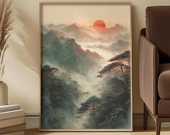 Misty Mountain Sunrise Art Print: Tranquil Asian Zen Landscape