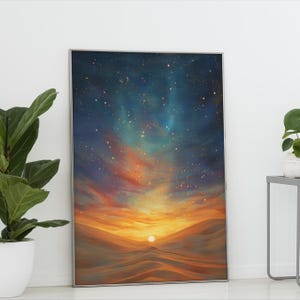 May include: A framed art print depicting a desert landscape under a starry night sky. The artwork features warm orange and yellow tones in the foreground, transitioning to blues and purples above. The sun is a bright white circle.