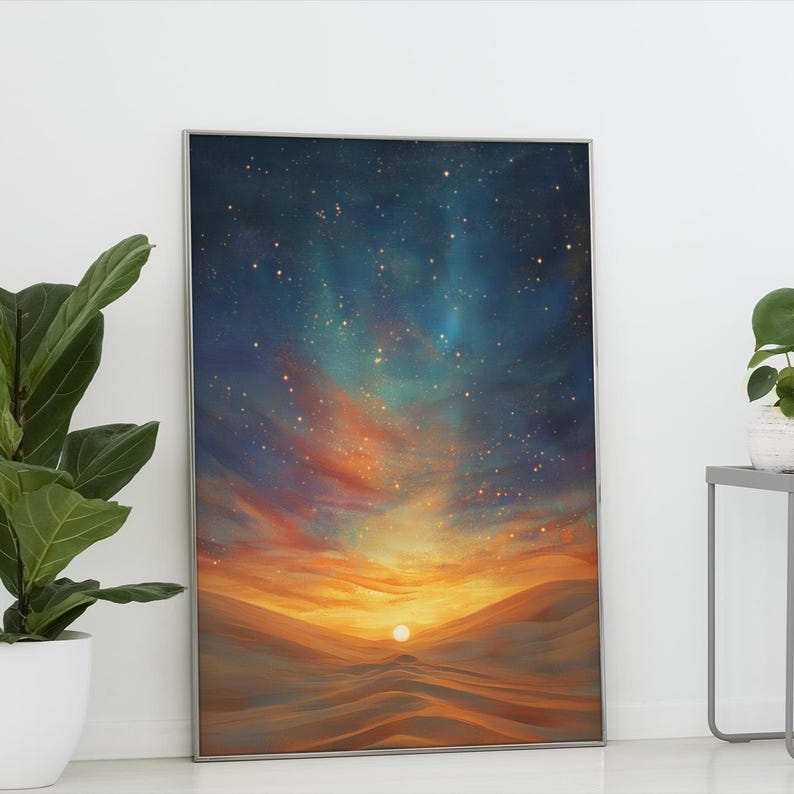May include: A framed art print depicting a desert landscape under a starry night sky. The artwork features warm orange and yellow tones in the foreground, transitioning to blues and purples above. The sun is a bright white circle.