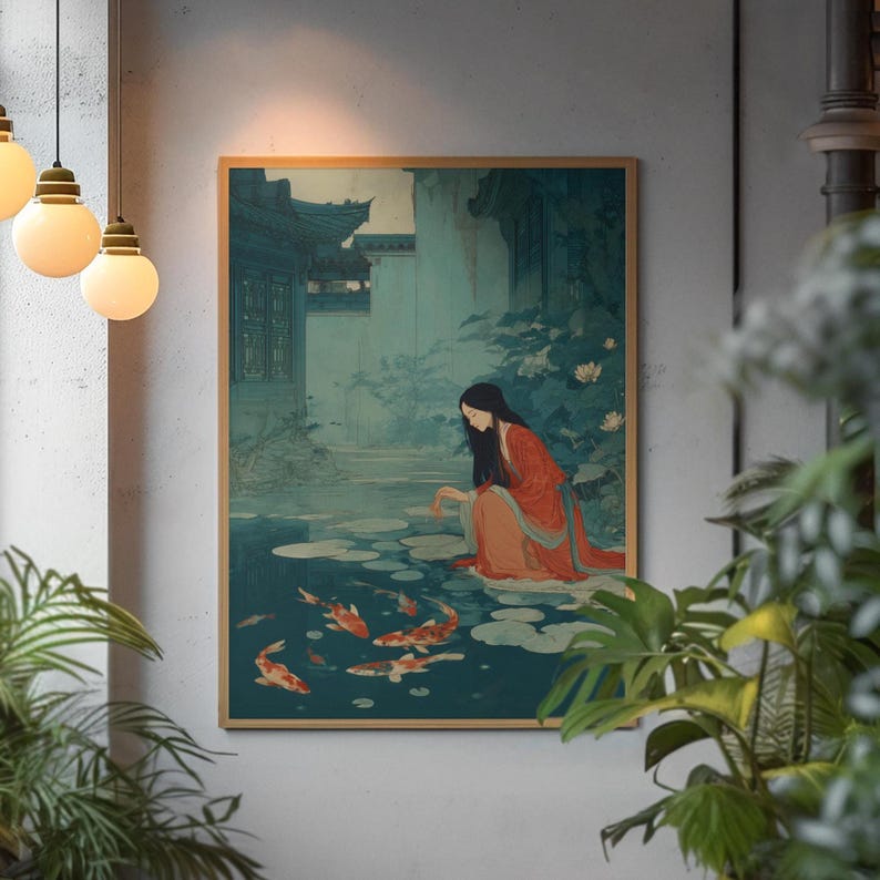 Chinese Woman Koi Pond Art Print, Asian Style Decor image 7