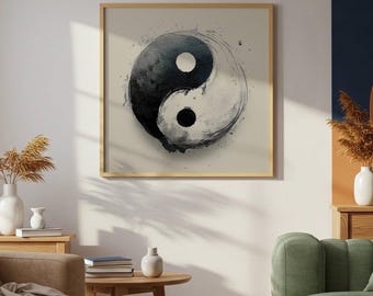 Impresión artística con el símbolo Yin Yang en tinta zen: meditación minimalista en equilibrio negro y marfil