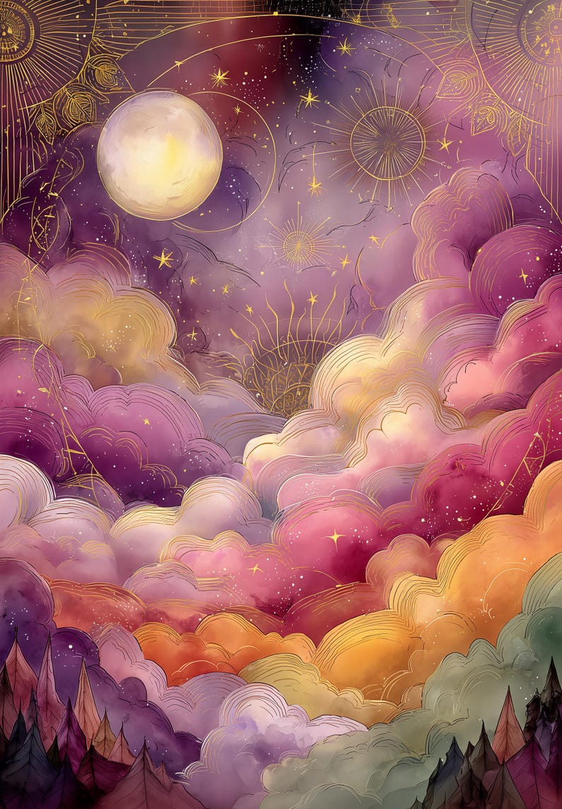 Celestial Moon Art Print: Gold Starry Sky, Pink Purple Clouds - Etsy