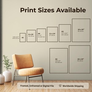 May include: A wall displaying various print sizes, including A5, 8x10 inches, A4, 11x14 inches, A3, 16x20 inches, A2, and 18x24 inches. The text "Print Sizes Available" is at the top. A chair and decorative vases are in the foreground.