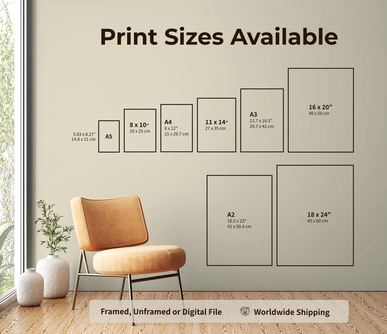 May include: A wall displaying various print sizes, including A5, 8x10 inches, A4, 11x14 inches, A3, 16x20 inches, A2, and 18x24 inches. The text "Print Sizes Available" is at the top. A chair and decorative vases are in the foreground.