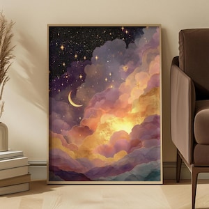 Può includere: Una stampa artistica da parete rettangolare incorniciata che raffigura una scena di cielo notturno con una luna crescente, stelle gialle sparse e nuvole voluminose in tonalità viola, rosa e arancioni, illuminate da un bagliore dorato.