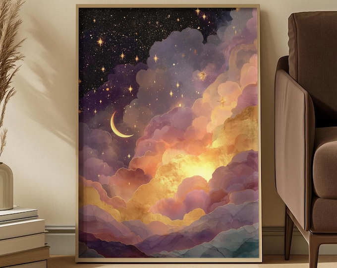 Celestial Art Print: Gold Starry Night, Crescent Moon