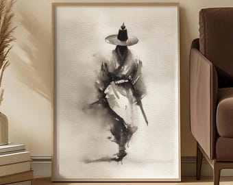 Korean Ink Wash Wall Print: Traditional Hanbok Man Calligraphy Art