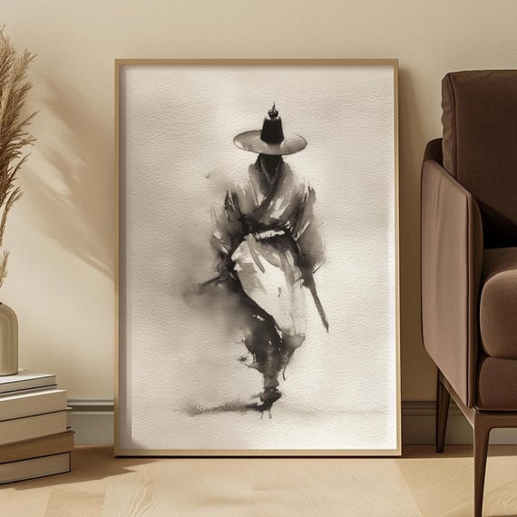 Korean Ink Wash Wall Print: Traditional Hanbok Man Calligraphy Art