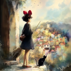 K&ouml;nnte beinhalten: Illustration einer jungen Person mit roter Schleife im Haar, die einen Besen h&auml;lt und &uuml;ber ein farbenfrohes Dorf blickt. Eine schwarze Katze sitzt in der N&auml;he. Die Szene spielt vor dem Hintergrund eines bew&ouml;lkten Himmels und einer Steinmauer.
