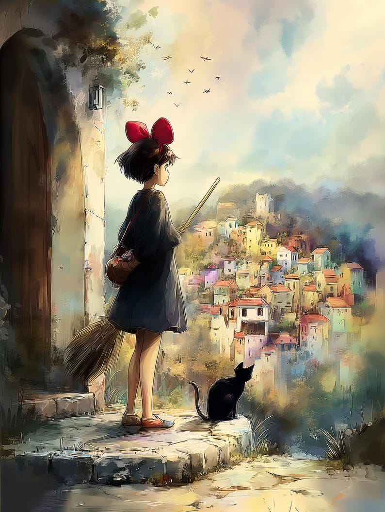 K&ouml;nnte beinhalten: Illustration einer jungen Person mit roter Schleife im Haar, die einen Besen h&auml;lt und &uuml;ber ein farbenfrohes Dorf blickt. Eine schwarze Katze sitzt in der N&auml;he. Die Szene spielt vor dem Hintergrund eines bew&ouml;lkten Himmels und einer Steinmauer.