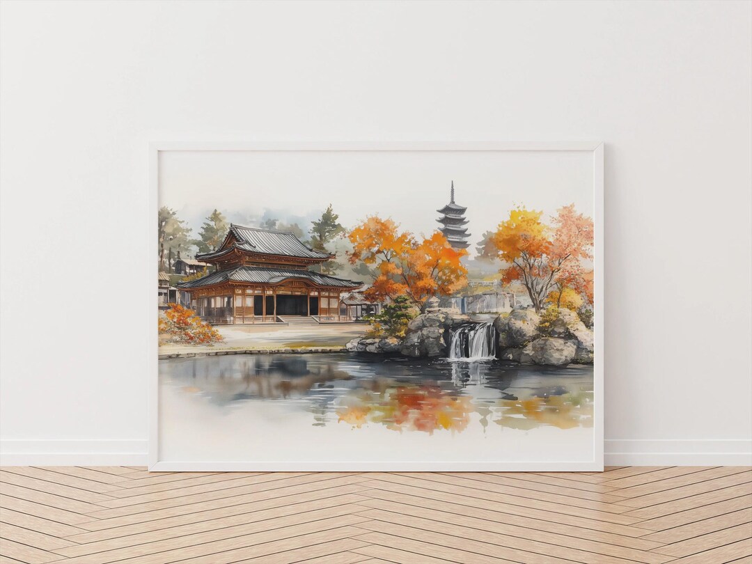 Japanese Temple Watercolor Art Print: Autumn Landscape, Asian Decor - Etsy