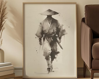 Japanese Ink Wash Samurai Art Print: Monochrome Quiet Warrior Scene