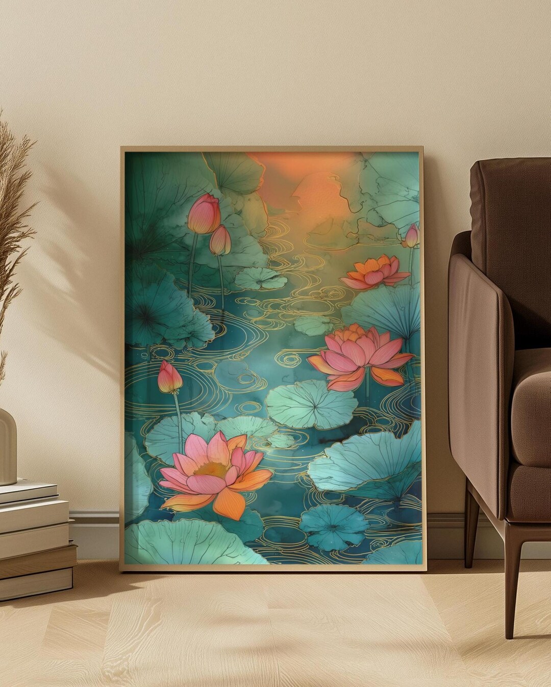 Lotus Pond Art Print: Teal Pink Serene Water Garden Scene - Etsy