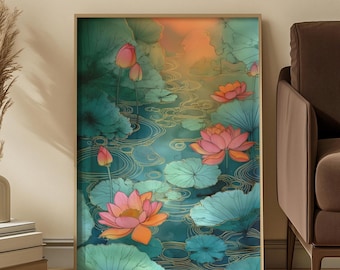 Lotus Pond Art Print: Teal Pink Serene Water Garden Scene