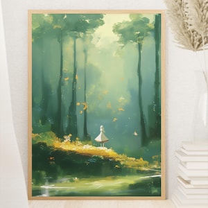 Póster de un lago en un bosque tranquilo con una chica vestida de blanco, escena de naturaleza brumosa, arte de pared verde suave para espacios de ensueño, decoración de dormitorio o rincón de lectura.