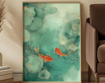 May include: A rectangular wall art print featuring two vibrant orange koi fish swimming through teal and light green water among soft, circular lily pads. The artwork displays a fluid, painterly aesthetic with blended color tones.