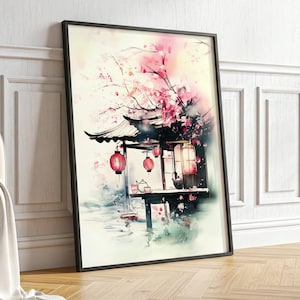 Peut inclure: Une impression d'art encadrée représentant une illustration à l'aquarelle d'une structure traditionnelle sur l'eau, ornée de lanternes rouges suspendues, de fleurs de cerisier roses et d'un service à thé sur une plateforme, sur fond clair.